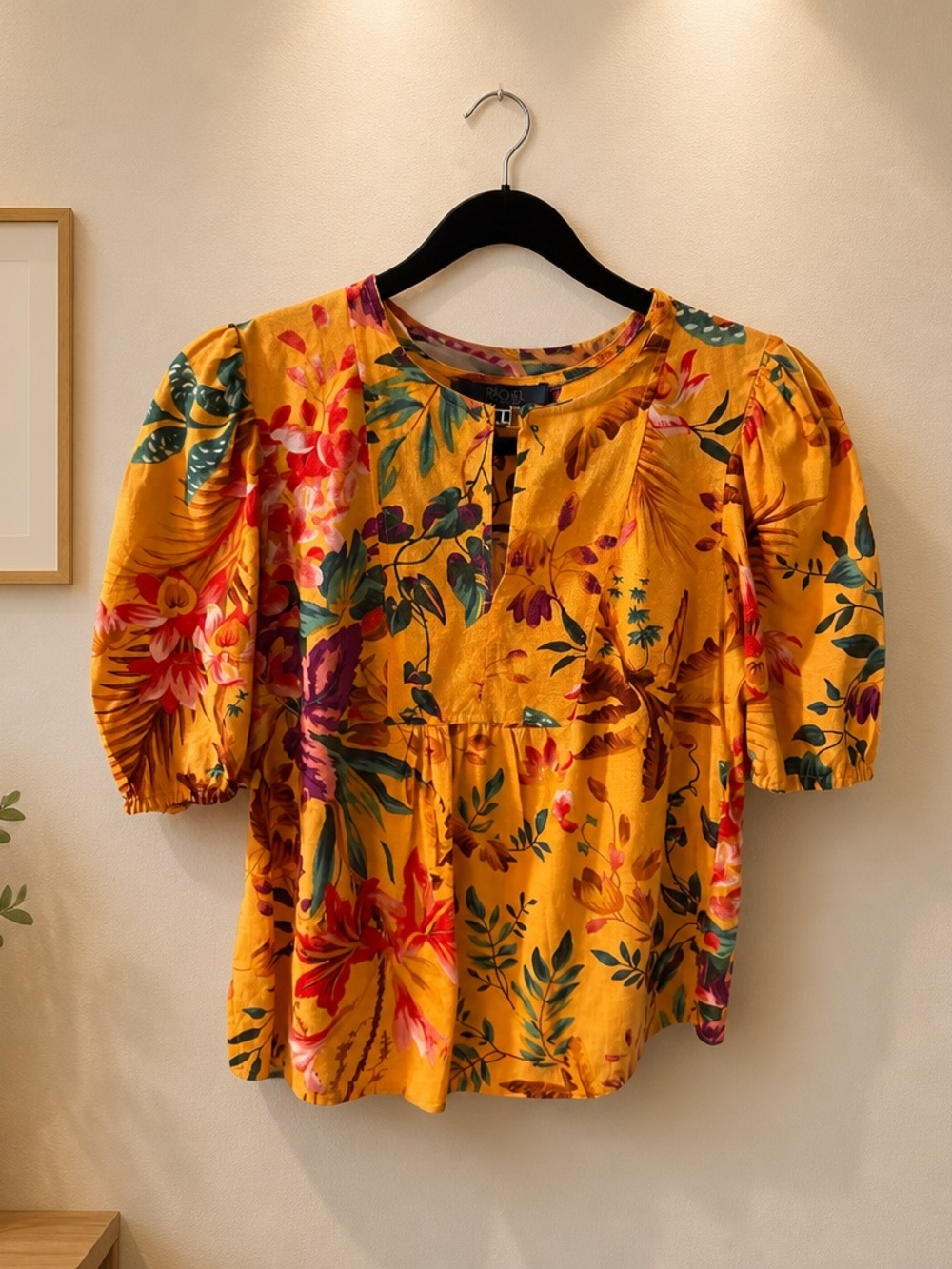 RACHEL Rachel Roy Mustard Floral Puff-Sleeve Blouse
